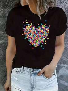 Limited Edition Women's Fashion New Women's Round Neck T-Shirt, Short Sleeve, Loose Fit, Casual And Versatile With Heart Print. Soft Fabric With A Good Drape. New Loose And Versatile Blouse. Lightweight Cotton - 黑色 - 查看 6