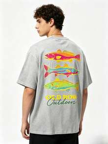 Men's Casual Summer Washed Cotton T-Shirt Old Row Outdoor Fish Print, Round Neck Short Sleeve Lightweight Knitted Fabric, Rib Details 100% Cotton - 純棉灰色 - 查看 2