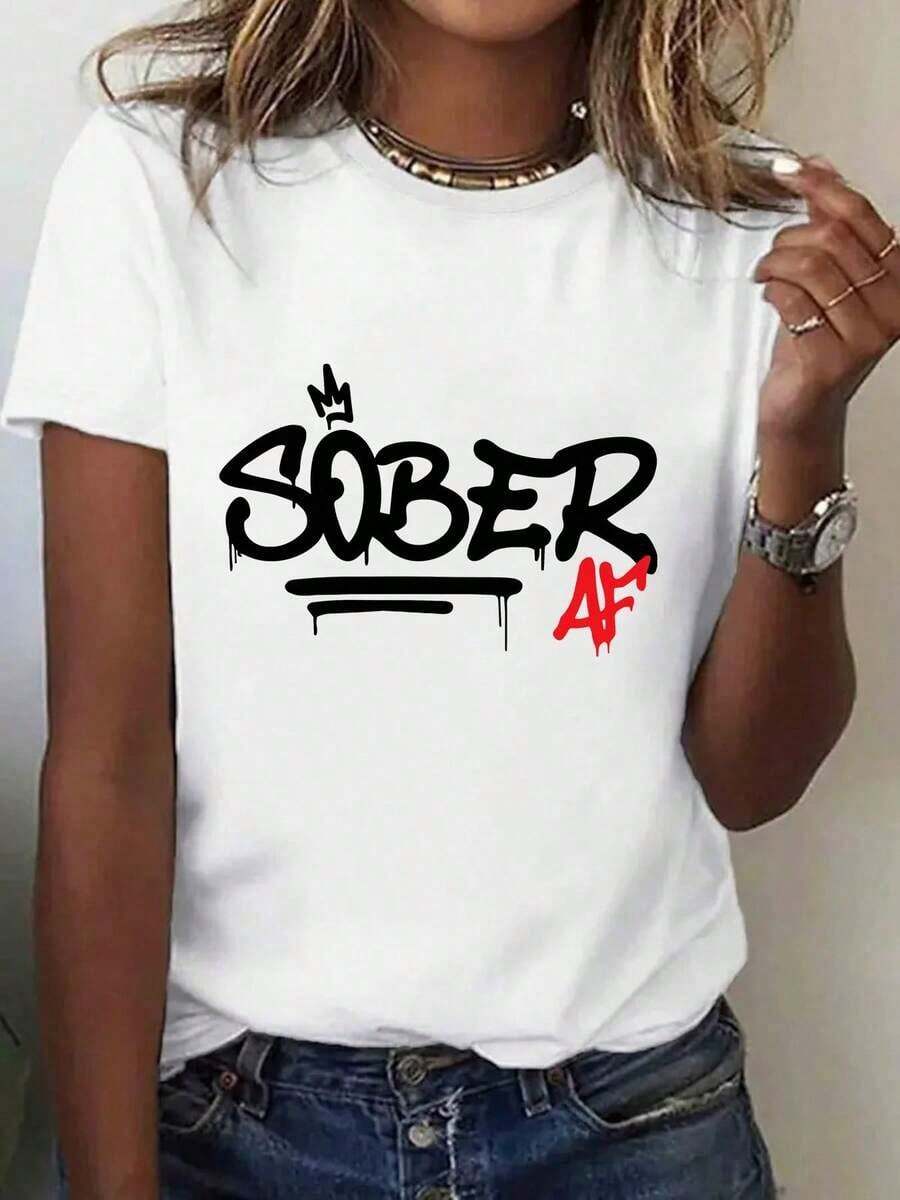 I Highly Recommend The 'Sober' Women's Casual T-Shirt With Graffiti Print - Crew Neck, Short Sleeve, White, Comfortable For All Seasons, Perfect For Outdoor Activities And As A Holiday Gift,  Casual Style Gift T-Shirt, Soft Fabric, Easy To Match. - 白色 - 查看 1