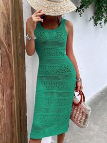 Vestido de punto con lazo en la cintura, casual de vacaciones, primavera/verano, unicolor, cuello redondo, sin mangas, con abertura, corto, ajustado, de vuelta al colegio, otoño, vestimenta digna para mujeres, vestido largo de fiesta de otoño para la playa - Verde - Ver 5