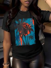 Tropical Landscape With Palm Trees At Sunset Evoking Freedom And Calm By The Sea; Vibrant Blue And Orange Colors Conveying Positive Energy; Comfortable, Modern Casual Women's T-Shirt - 黑色 - 查看 8