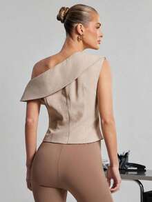 Haute Blazer/chaleco asimétrico de un solo pecho con hombros descubiertos, estilo sexy y casual para oficina - Caqui - Ver 2