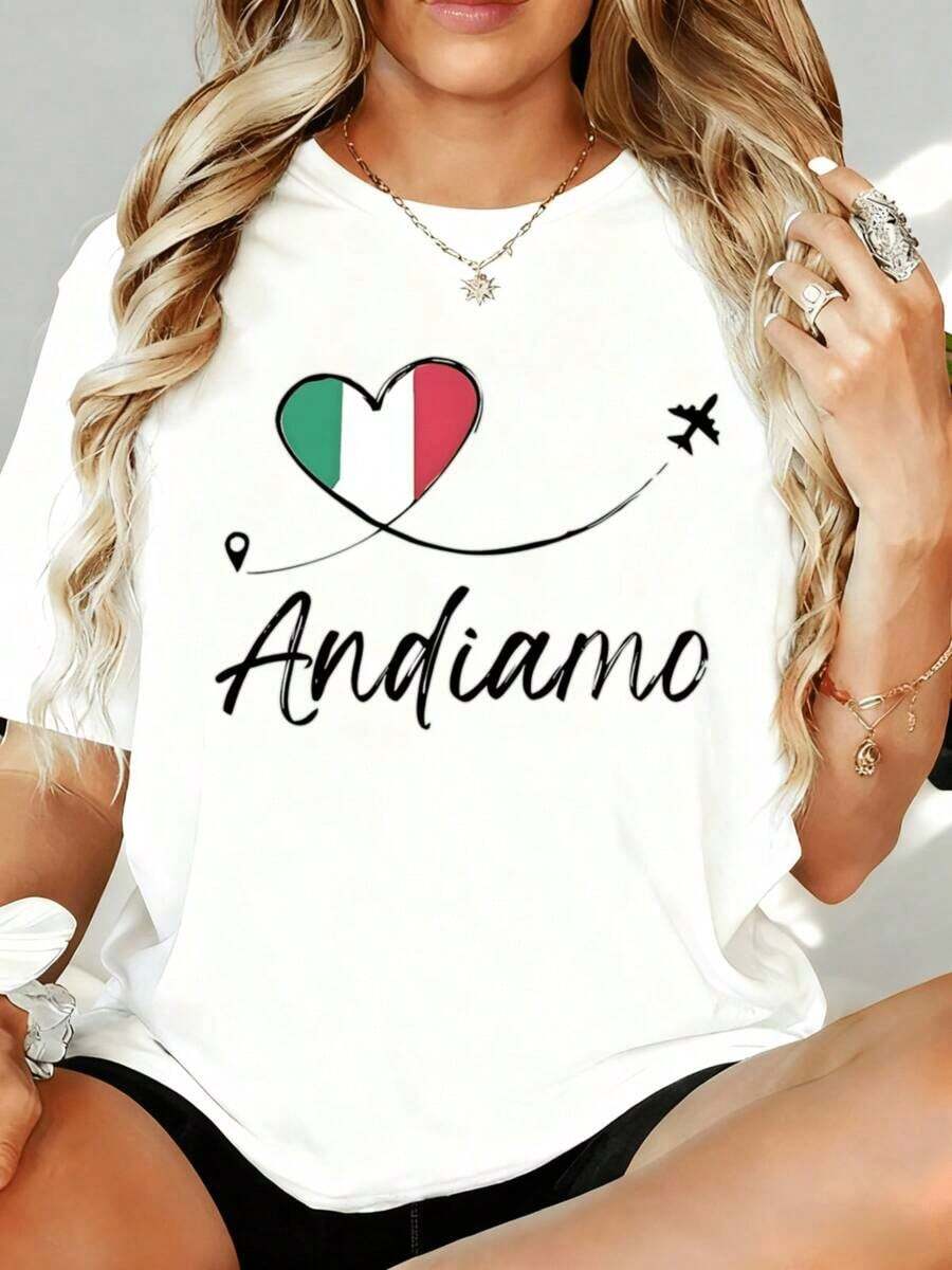 Women's Clothing White T-Shirt With Italian Flag Graphic Print And "Andiamo" Heart, Loose Fit, Casual Top For Leisure At Home And Outdoors, Gift For Valentine's Day Or Party, Women's Shirts - 白色 - 查看 1