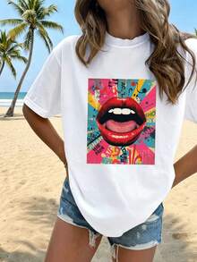 Camiseta de Mujer 2026, Nueva de Verano, Cuello Redondo, con Estampado de Labios Rojos Llamativo, Diseño de Fondo Colorido, Seda de Leche Doble Cepillada, Cómoda y Transpirable, Versátil para Uso Diario, Viajes al Trabajo, Casual, Efecto Adelgazante, Top Multicolor. - Blanco - Ver 6
