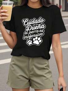 Teediy Women's Short Sleeve T-Shirt With Funny Spanish Phrase - Guided By My Dog With Paw Prints, 100% Cotton, Comfortable Casual Short Sleeve, Machine Washable For All Seasons, Pet T-Shirt, Clothing For Animal Lovers, Playful Graphic Tee, 100% Pure Cotton Leisure T-Shirt - 黑色 - 查看 7