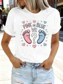 Women's Printed Short-Sleeved T-Shirt With "PINK OR BLUE WE" Pattern Print, Round Neck, For Spring/Summer, Ideal For Casual Shopping And As A Holiday Gift, Suitable For Gatherings With Friends And For Wearing On Vacation. - 白色 - 查看 1