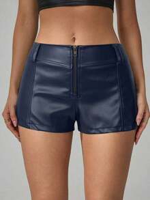 Shorts Casuales de Color Sólido con Cierre Frontal para Mujeres Altas, Micro Shorts - Azul Marino - Ver 3