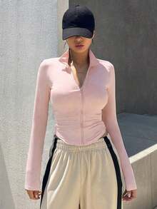 Chaqueta deportiva ajustada con cremallera delantera, nueva para otoño para mujer - Rosa - Ver 5