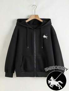 Sudadera con capucha para mujer, estampado casual y versátil de jinete de caballo para deportes al aire libre, otoño - Negro 2 - Ver 1