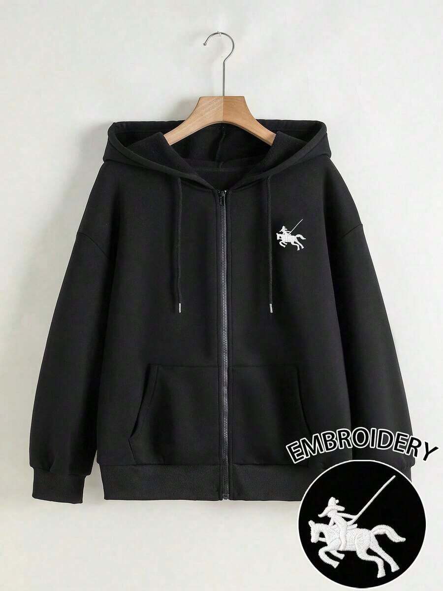 Sudadera con capucha para mujer, estampado casual y versátil de jinete de caballo para deportes al aire libre, otoño - Negro 2 - Ver 1