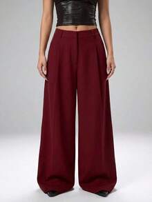 Pantalones casuales y versátiles de cintura alta con pierna ancha de unicolor - Burdeos - Ver 1
