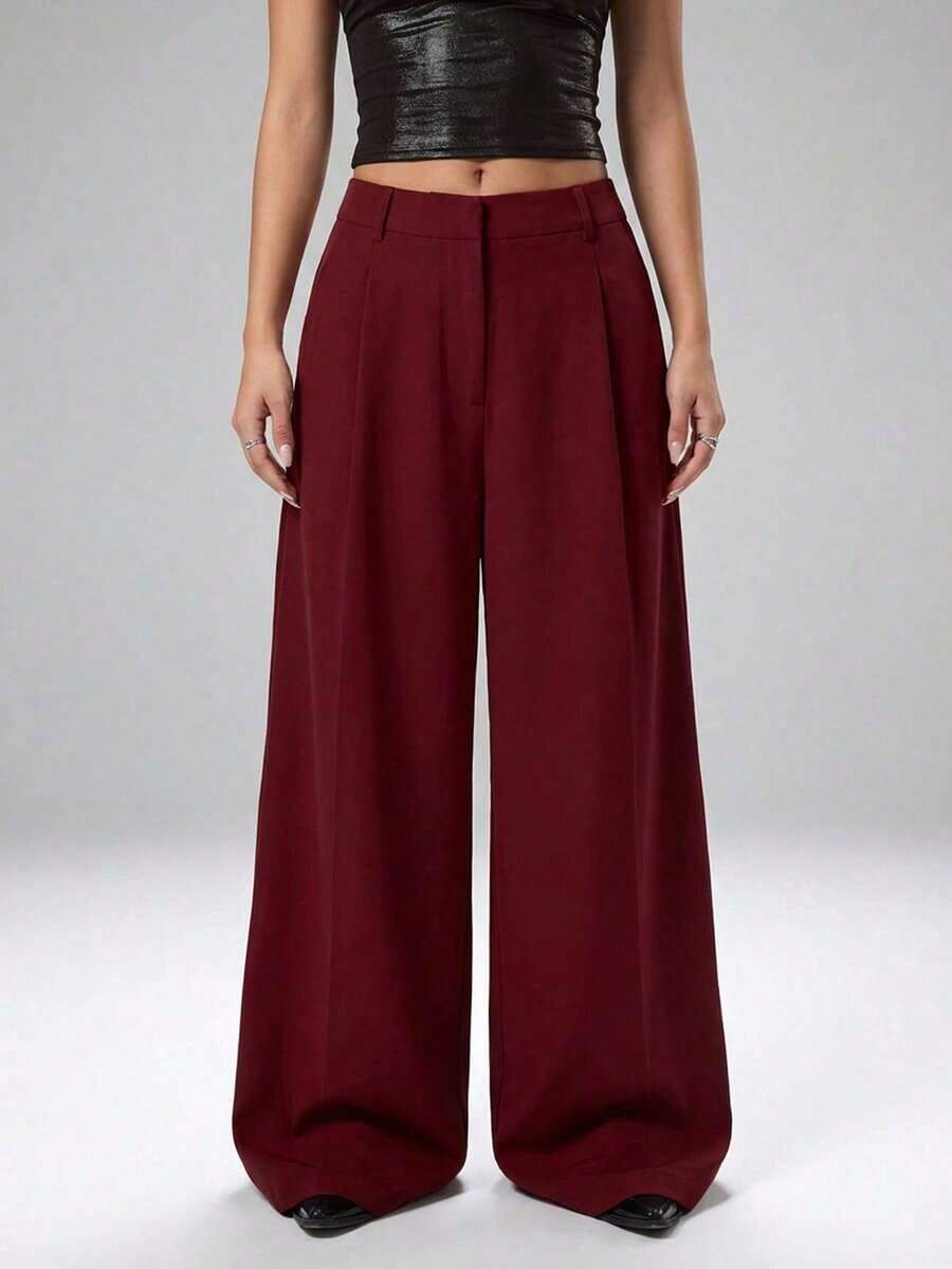 Pantalones casuales y versátiles de cintura alta con pierna ancha de unicolor - Burdeos - Ver 1