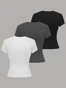 Camiseta casual de mujer de manga corta de unicolor, versátil - Multicolor 2 - Ver 2