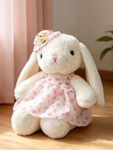 1pc XL Cute Floral Dress Rabbit Plush Doll, Soft Stuffed Rabbit Doll With Lace Hat, Fashion Home Room Decor, Suitable For Children's Holiday Birthday Gift - Pink - View 3