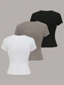 Camiseta de manga corta de unicolor casual para mujer, versátil para el verano, conjuntos de camisetas para mujer, tops básicos para mujer, paquete múltiple de tops para mujer, camisetas de mujer, tops de manga corta para mujer - Multicolor 15 - Ver 2