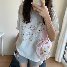 Camiseta Kawaii de Moda Casual con Cuello Redondo, Manga Corta, Estampado Gráfico de Gato Familiar - Blanco - Ver 6