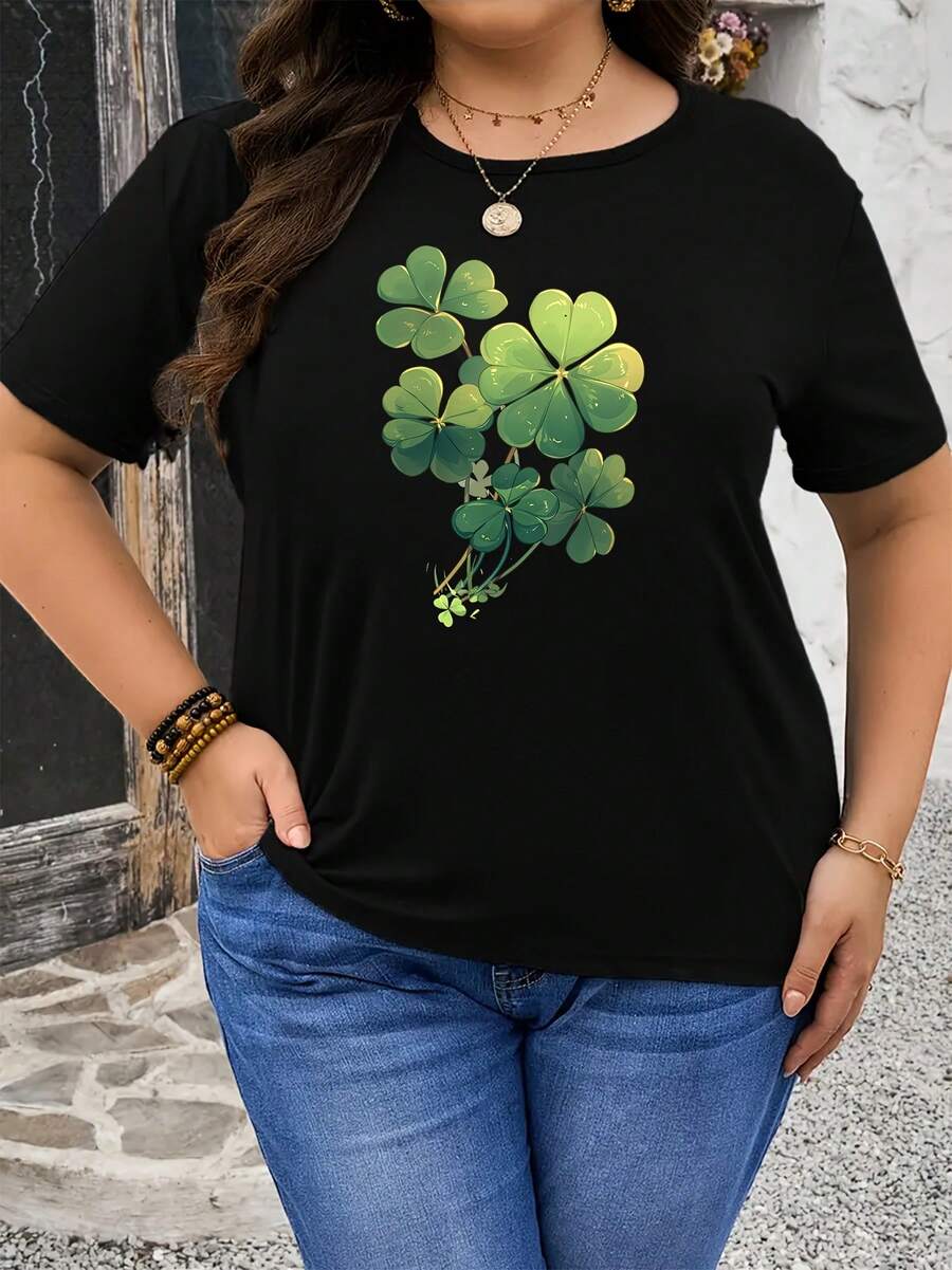 Talla grande, camiseta de talla grande para mujer elástica con estampado de trébol - Top de manga corta y cuello redondo compatible con blusa | Tejido de elasticidad media adecuado para ropa casual de primavera y verano, camiseta básica de uso diario lavable a máquina