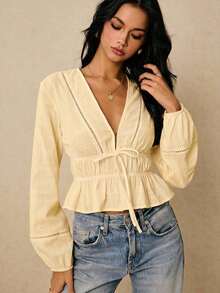 Camisa casual de mujer de unicolor con cuello en V y detalle de nudo en la parte delantera, de manga larga - Amarillo claro - Ver 5