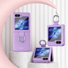 غطاء هاتف متوافق مع Galaxy ZFlip3 ZFlip4 ZFlip5 ZFlip6 ZFlip7 ZFlip7FE، غطاء هاتف بتصميم بسيط بلون موحد مطفي بملمس جلدي مع حامل حلقة شريطي - الأرجواني - مشاهدة 13