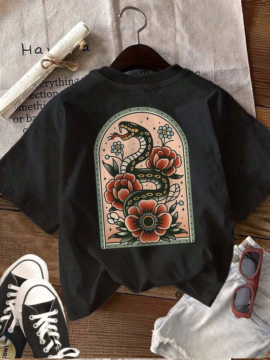[Double-Sided Print] Women's Summer Casual T-Shirt, Vintage Style, Snake And Flower Print, Round Neck, Short Sleeve T-Shirt 100% Cotton [LingK] - 黑色 - 查看 1