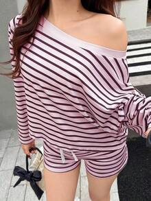 Conjunto de 2 piezas holgado a rayas para mujer, incluye top de manga larga con hombros oblicuos + shorts con cordón, conjunto de ropa de estar en casa informal - Multicolor 7 - Ver 4