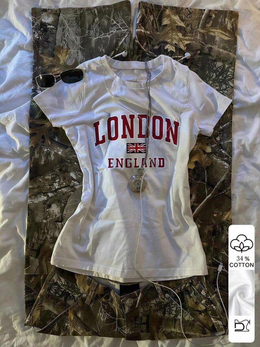 Camiseta de manga corta ajustada con estampado digital para mujer - Blanco - Ver 1