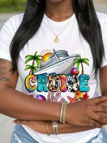 1 Piece Of Women's T-Shirt 100% Cotton With Tropical Palm Tree And Cruise Ship Print, Round Neck, Ideal For Summer Ocean Getaways And Beach Adventures, 180g 100% Cotton. - 白色 - 查看 6