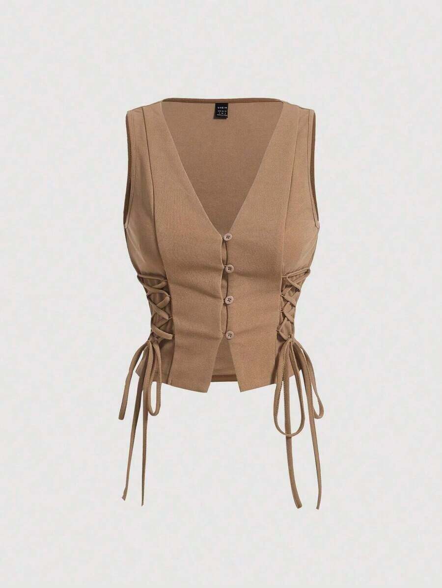 Parte superior de tirantes cruzados con botones de color rojo para mujer, ideal para el verano - Caqui 2 - Ver 1