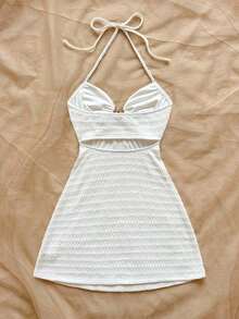 Vestido mini con textura, escote en V, decoración de estrella de mar metálica, cuello con lazo, espalda descubierta, ideal para vacaciones, citas, té de la tarde, días festivos, festivales de música, estilo bohemio - Blanco - Ver 2