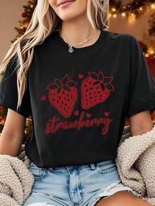 Camiseta con Estampado de Corazón de Fresa, Manga Corta, Cuello Redondo, Estilo Casual, Adecuada para Verano y Primavera, Ropa de Mujer 8XWR - Negro - Ver 1