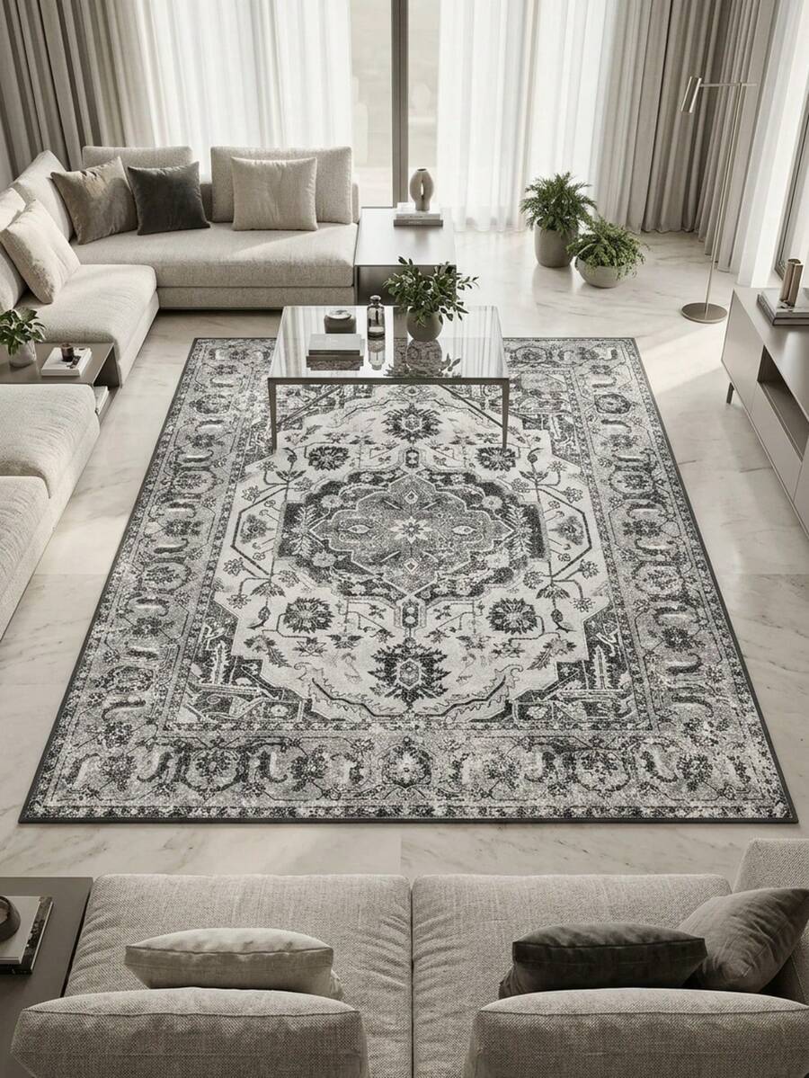 1pc High-Grade Gray - Classic - Geometric Floral Striped Bohemian Area Rug, Soft Faux Wool Rectangular Rug In European And American Style, Machine Washable, Suitable For Living Room, Bedroom, Entryway, Bathroom, Hallway, Patio, Kitchen, Indoor Outdoor, All Season Large Size Mat, Home Decor - Multicolor - View 1