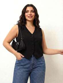 Chaleco negro ligero de talla grande, ropa de oficina para mujer, para silueta de manzana y redondeada, para el verano - Negro - Ver 6