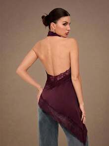 Tall Top de camisola sin espalda con adorno de encaje elegante, blusa sin mangas de satén con parches sexy para fiestas, cócteles, ocasiones formales, Navidad, casual de negocios - Burdeos - Ver 2