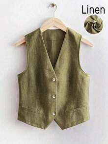 Chaleco corto de lino casual para mujer para primavera y verano - Verde militar - Ver 7