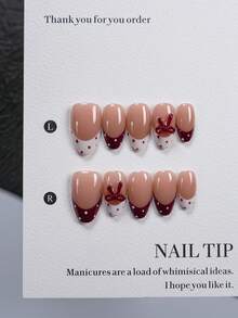 10pcs Short Almond-Shaped Handmade Wearable Nails (Including Manicure Tools), Sweet & Cool Wine Red Polka Dot 3D Bow French Manicure, Glossy False Nails, Ideal For Daily Commute, Valentine's Day Date, Gathering With Friends, And Holiday Gifts - Multicolor - View 3
