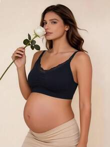 1件蕾絲拼接哺乳內衣，前扣式無鋼圈舒適哺乳內衣，適用於懷孕、產後、四季 - 黑色 - 查看 4