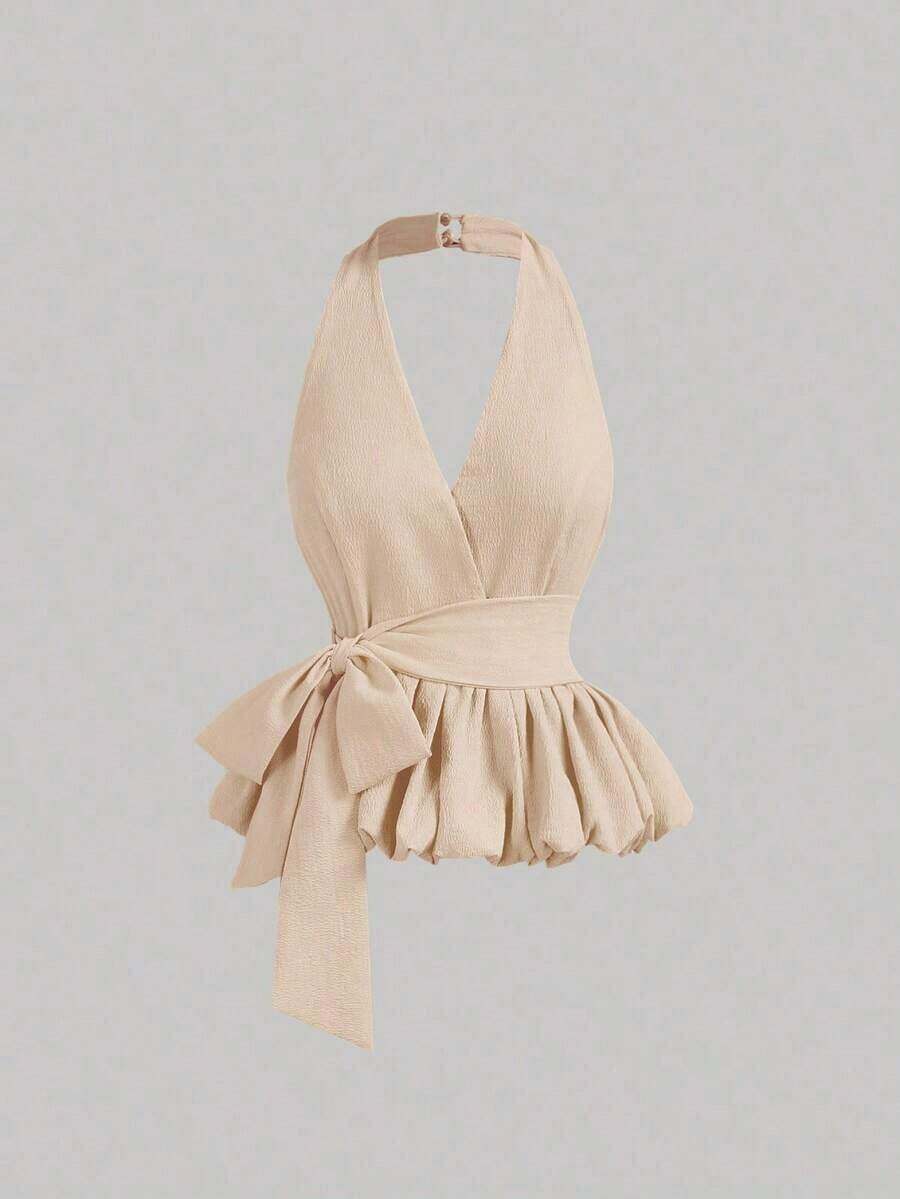 Top de mujer con cuello halter, bajo de burbuja y lazo oversize en color amarillo, ideal para citas, vacaciones, picnics, brunch, fiestas, estilo Y2K, top tubo, ropa de club, hombros descubiertos, invitada de boda, top lindo, crop top, vacacione - Albaricoque - Ver 1