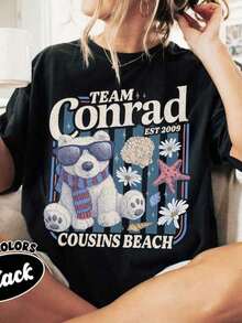 Artsadd Team Conrad Junior Mint Bear Short Sleeve T-Shirt, Cousins Beach Summer T-Shirt, TSITP Inspired T-Shirt, Gift For Conrad Fisher Fans, Unisex Cotton Crew Neck T-Shirt, Casual Style, Spring And Summer, Super Soft, Breathable, Perfect For Easter, Valentine's Day, Mother's Day Gift For Mom, Partner, Family And Friends, 100% Cotton. - 黑色 - 查看 6
