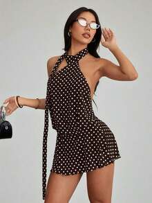 Vestido de verano mini blanco con lunares negro y blanco de malla apropiado para vacaciones - Marrón - Ver 6