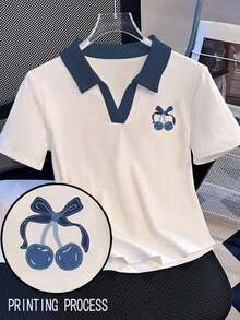 Blusa casual de mujer con estampado de cerezas y cuello de contraste de manga corta - Multicolor 4 - Ver 3