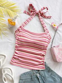 Parte superior corta ajustada con cuello de halter casual para vacaciones de mujer, verano de mujer, sin espalda, ropa de vacaciones de mujer, lunares, primavera de mujer, verano, parte superior para salir de mujer, vacaciones de mujer - Rosa - Ver 5