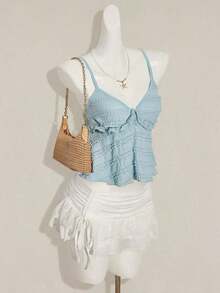 Blusa de tirantes de mujer con volantes de tela texturizada de unicolor para el verano y vacaciones - Azul - Ver 4