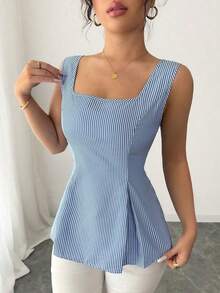 Camisa sin mangas con cuello cuadrado, cintura con lazo y rayas para el verano 2025 - Azul y blanco - Ver 3