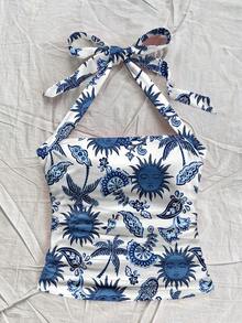 Parte superior corta ajustada con cuello de halter casual para vacaciones de mujer, verano de mujer, sin espalda, ropa de vacaciones de mujer, lunares, primavera de mujer, verano, parte superior para salir de mujer, vacaciones de mujer - Multicolor - Ver 7