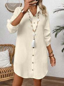LUNE Vestido camisero casual de mujer de un solo abotonado, unicolor, con mangas enrollables y corte holgado - amarillo ganso - Ver 7
