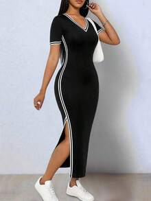 Vestido elegante de mujer de manga corta con cuello en V, de punto elástico de color negro con bloqueo de color, asimétrico con abertura en el bajo - Negro - Ver 5