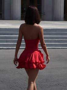 Vestido corto elegante mujer manga campana halter espalda descubierta ajustado con botones estilo europeo nueva moda - Rojo - Ver 2