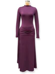 Vestido otoño-invierno cuello alto manga larga con cintas plisado ajustado estilo elegante moda europea para mujer - Morado - Ver 6