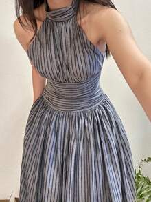 Nueva colección Primavera vestido a rayas estilo europeo espalda descubierta cintura alta corte amplio diseño elegante original moda  sofisticado para mujer - Gris - Ver 2