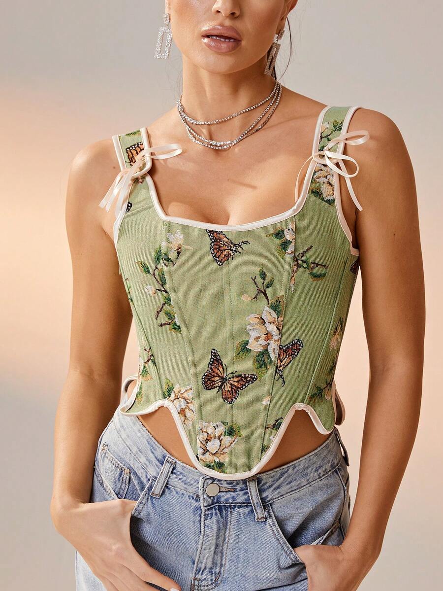 Áo camisole nữ mùa hè họa tiết hoa jacquard, thắt dây, vạt bất đối xứng, kiểu dáng thanh lịch, thích hợp cho tiệc năm mới, ngày Valentine, các dịp lễ hội, áo corset, áo đi chơi. - Nhiều màu - Xem 1